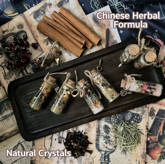 Collection of Chinese herbal ingredients and natural crystals on a wooden tray with vintage-style packaging.