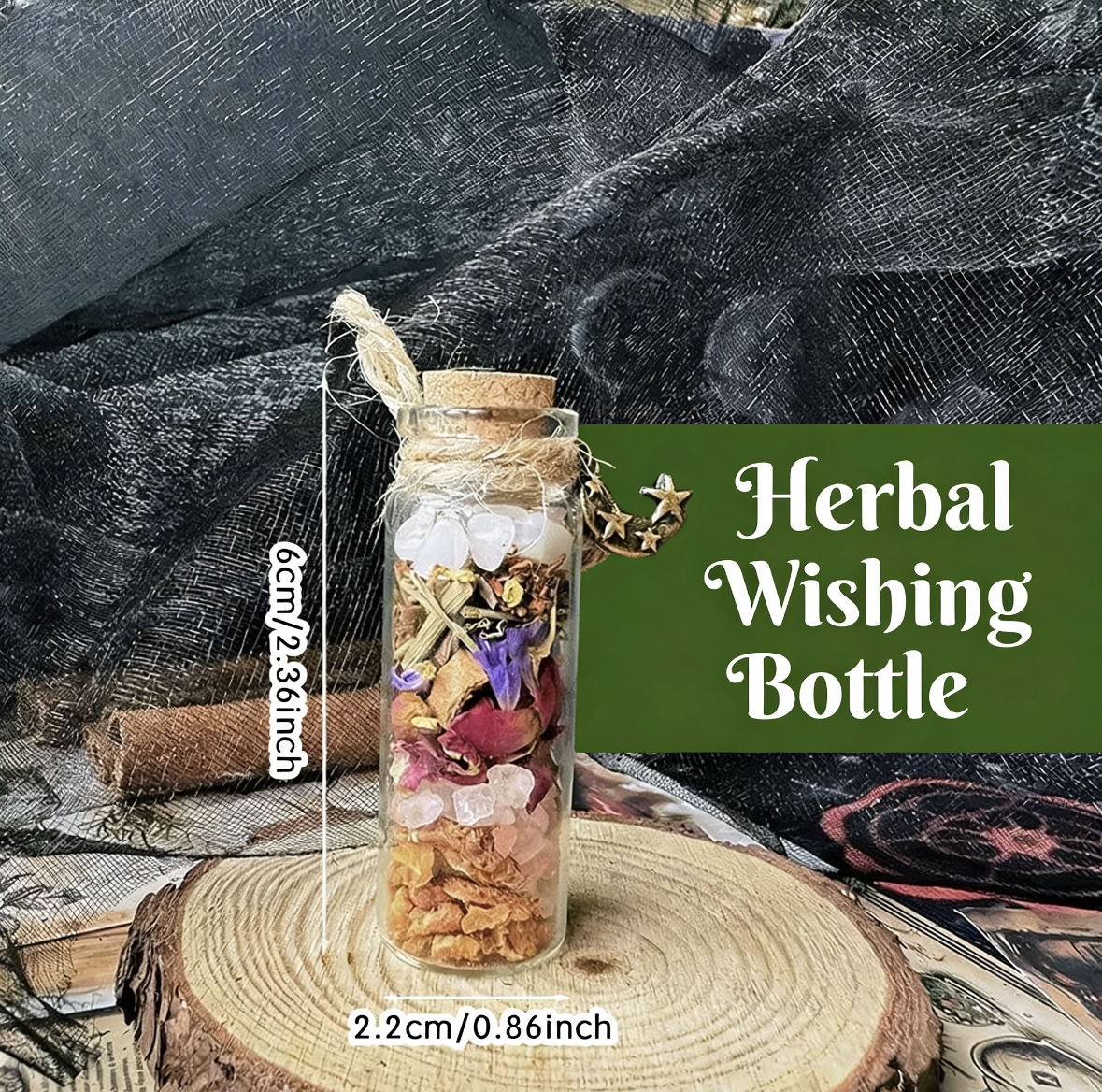 Herbal wishing bottle with dried herbs and flowers on a textured surface