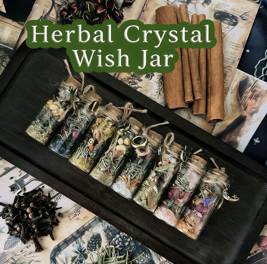 Herbal crystal wish jar set on a wooden tray with herbs and sticks, labeled 'Herbal Crystal Wish Jar'.