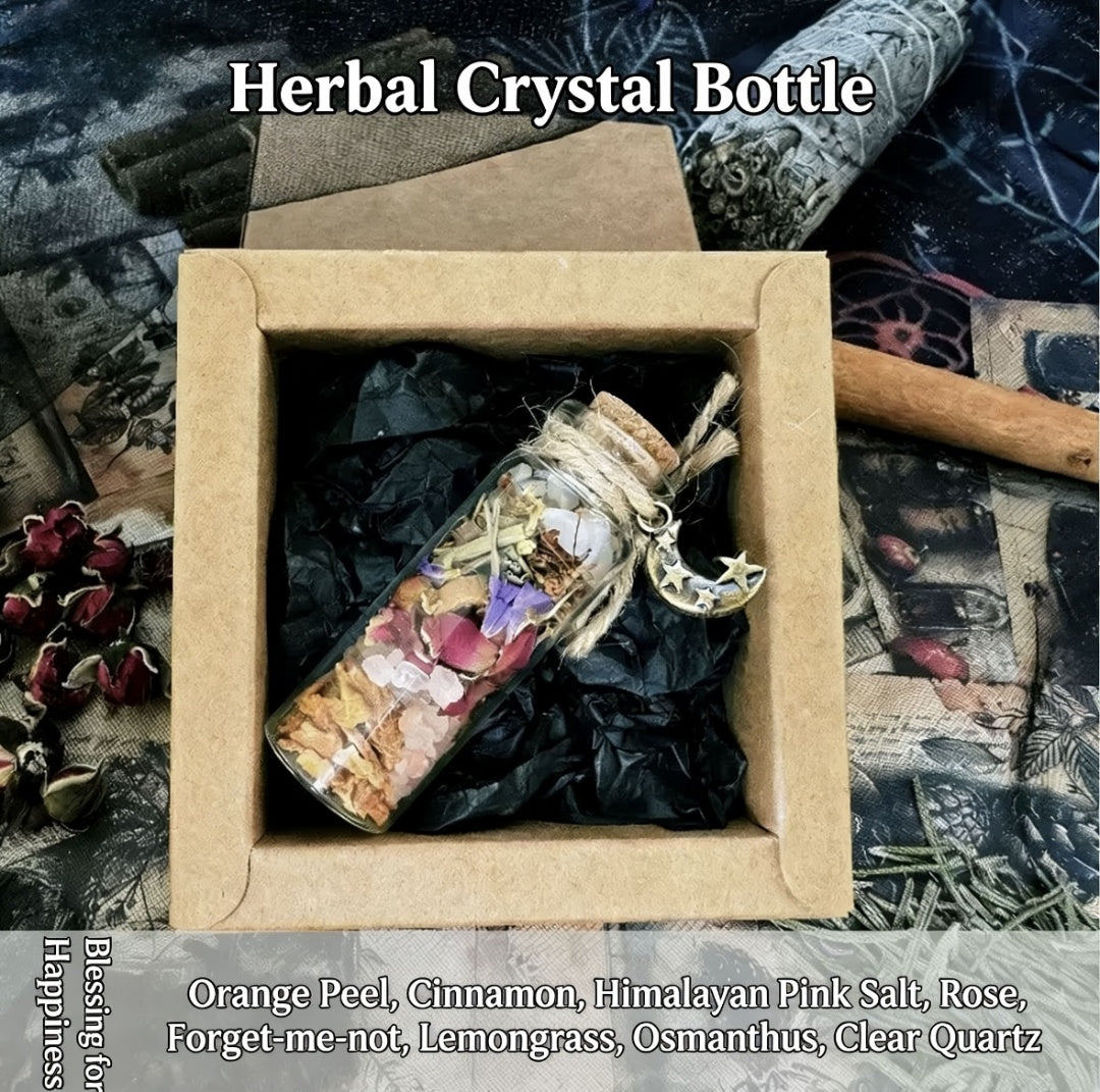Herbal crystal bottle in a box with decorative elements on a mystical background
