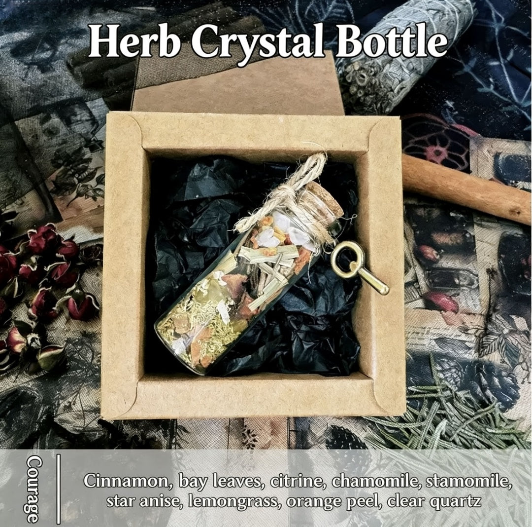 Herb crystal bottle in a box with decorative elements on a textured background