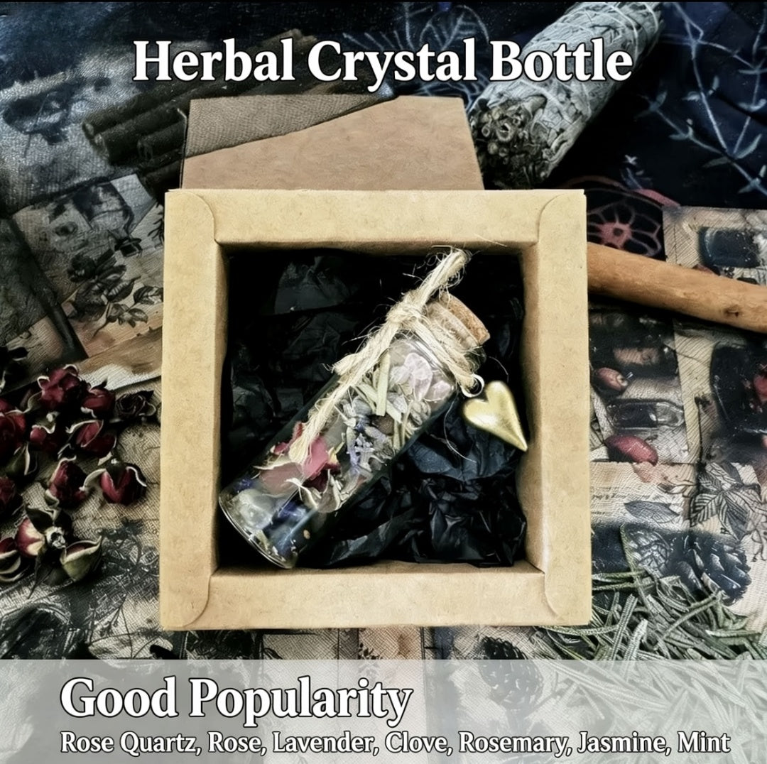Herbal crystal bottle in a box with decorative elements on a textured background
