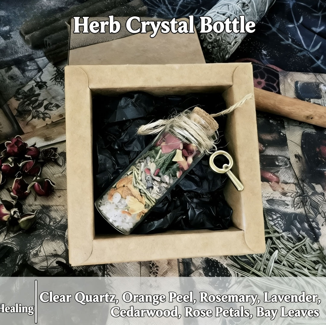 Herb crystal bottle in a box with key, surrounded by herbs and plants on a textured background.