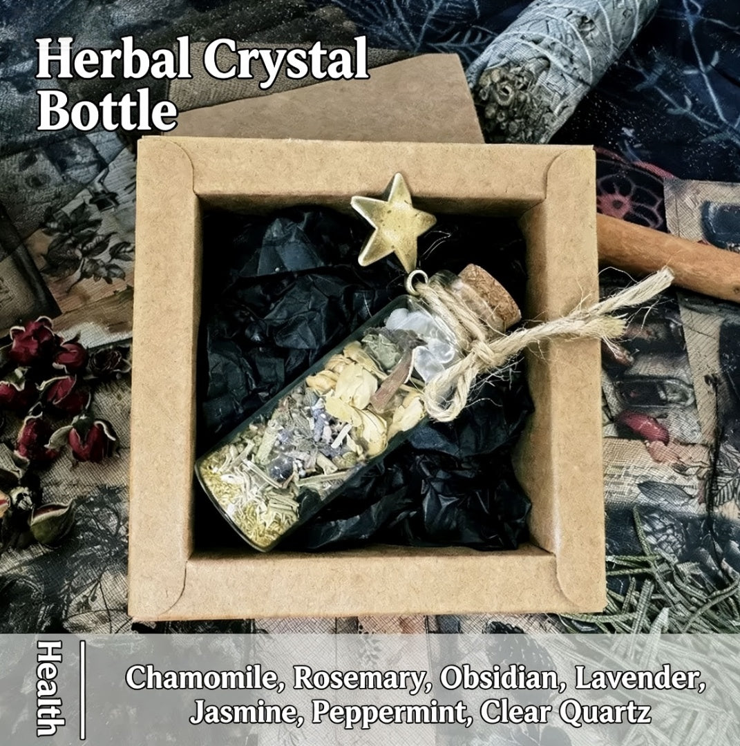 Herbal crystal bottle in a box with ingredients listed, surrounded by herbs and tools on a textured background.