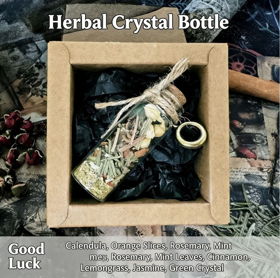 Herbal crystal bottle in a box with ingredients listed, on a textured background.